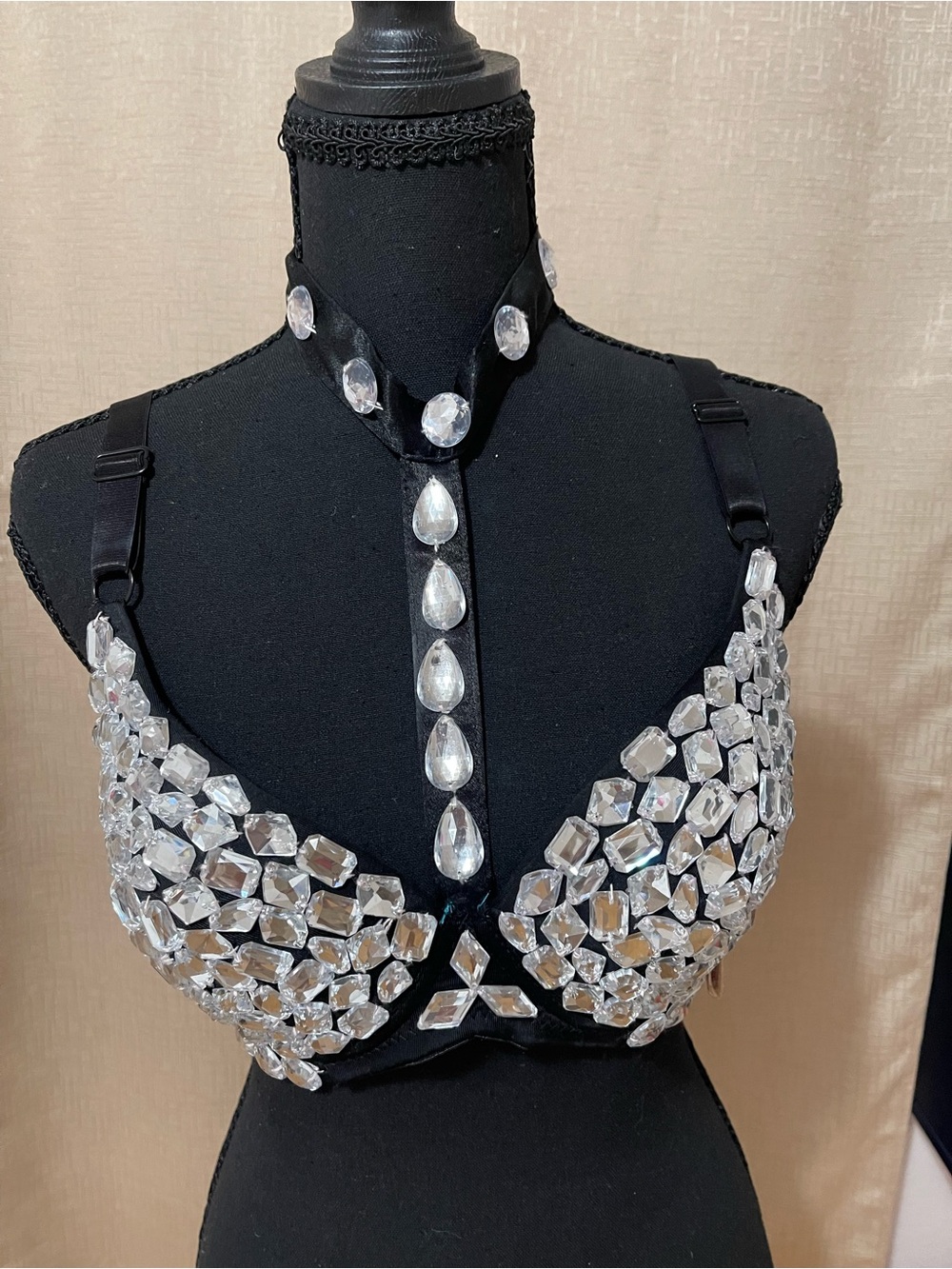 Embellished Black Crystal Bra Top with Choker